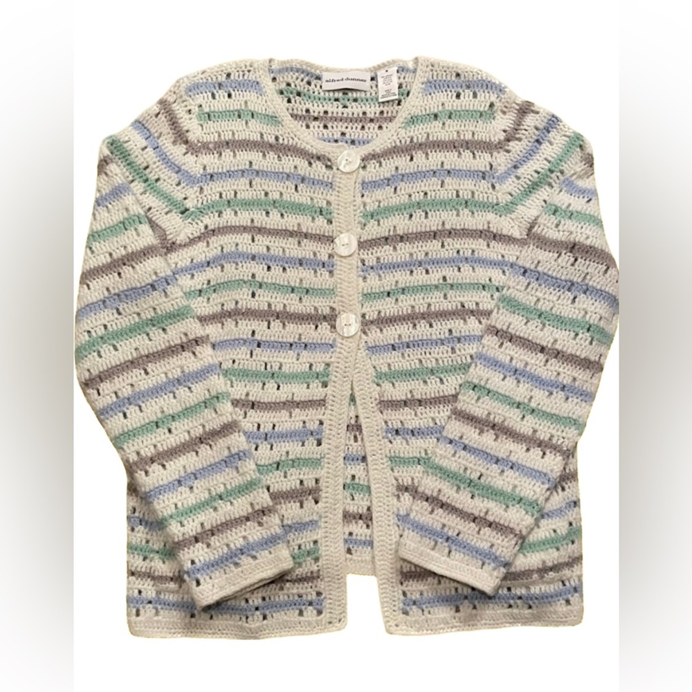 Alfred Dunner Short Sleeve Green, Cream, Blue, White Chevron Print Cardigan - 2X